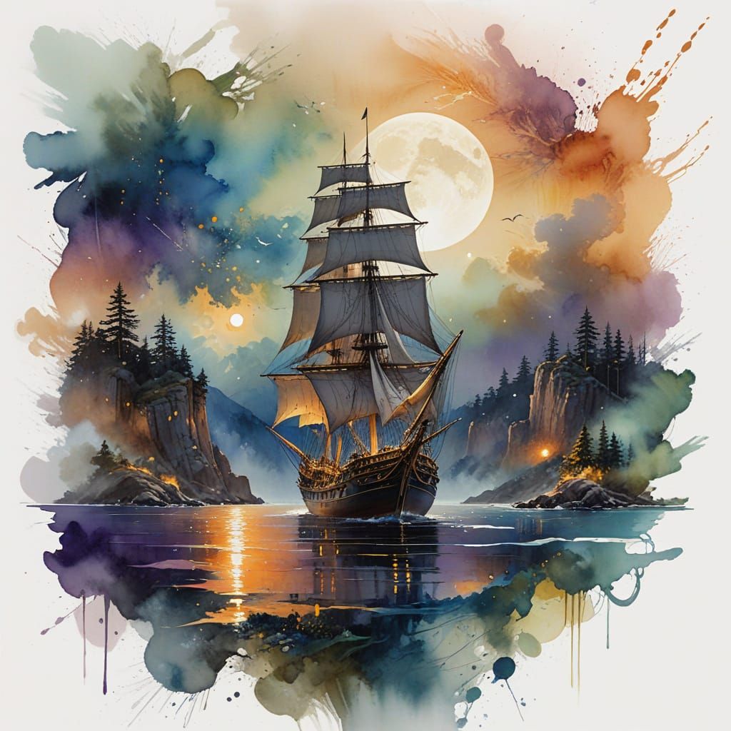 Twilight Sailing Ship in a Dreamy Coastal Scene