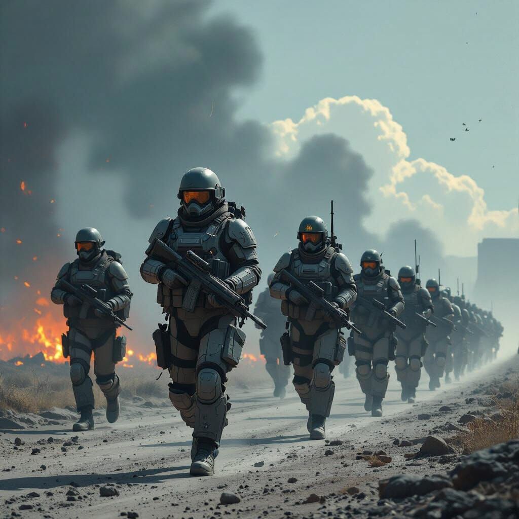 Armored Soldiers Marching Through Dystopian Wasteland