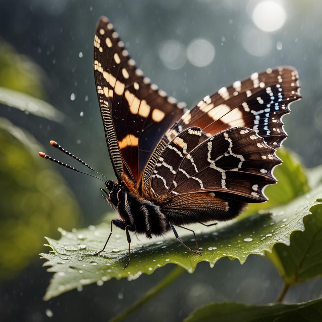 Mourning Cloak Butterfly Sheltering from Rain in Splash Art