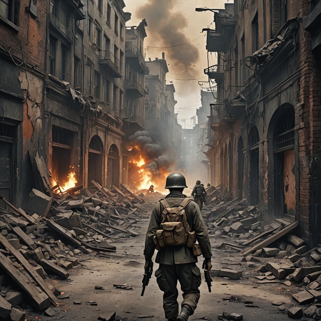 WWII Soldier in Ruined City: Digital Art