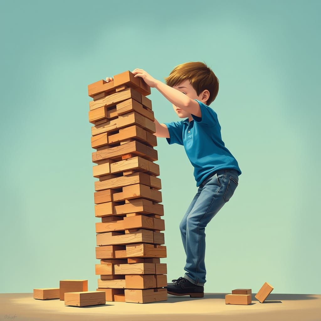 Boy Plays Jenga in Stylized Digital Art