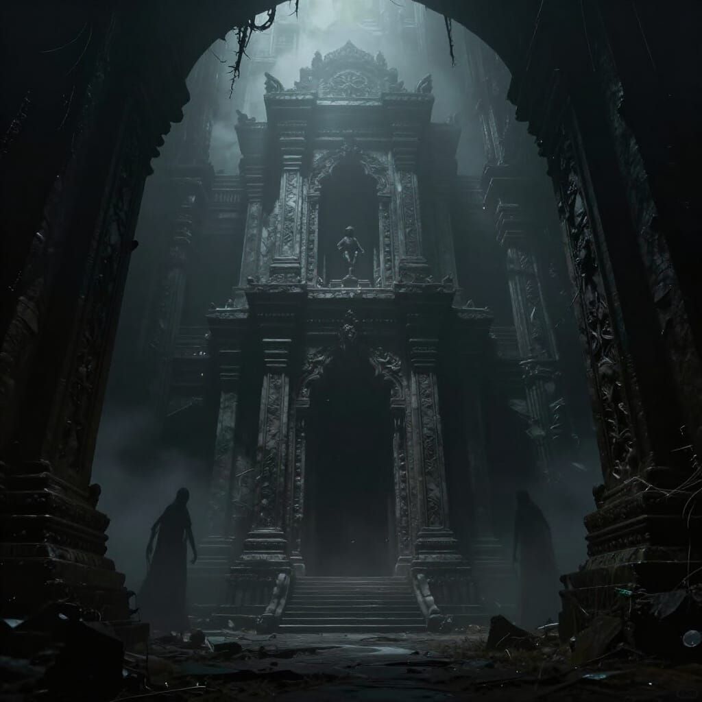 Ancient Temple in Foggy Tunnel Pass with Shadow Figures