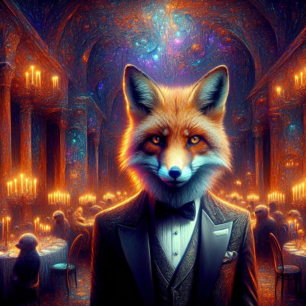 Fox in Tuxedo at Extravagant Dinner Party
