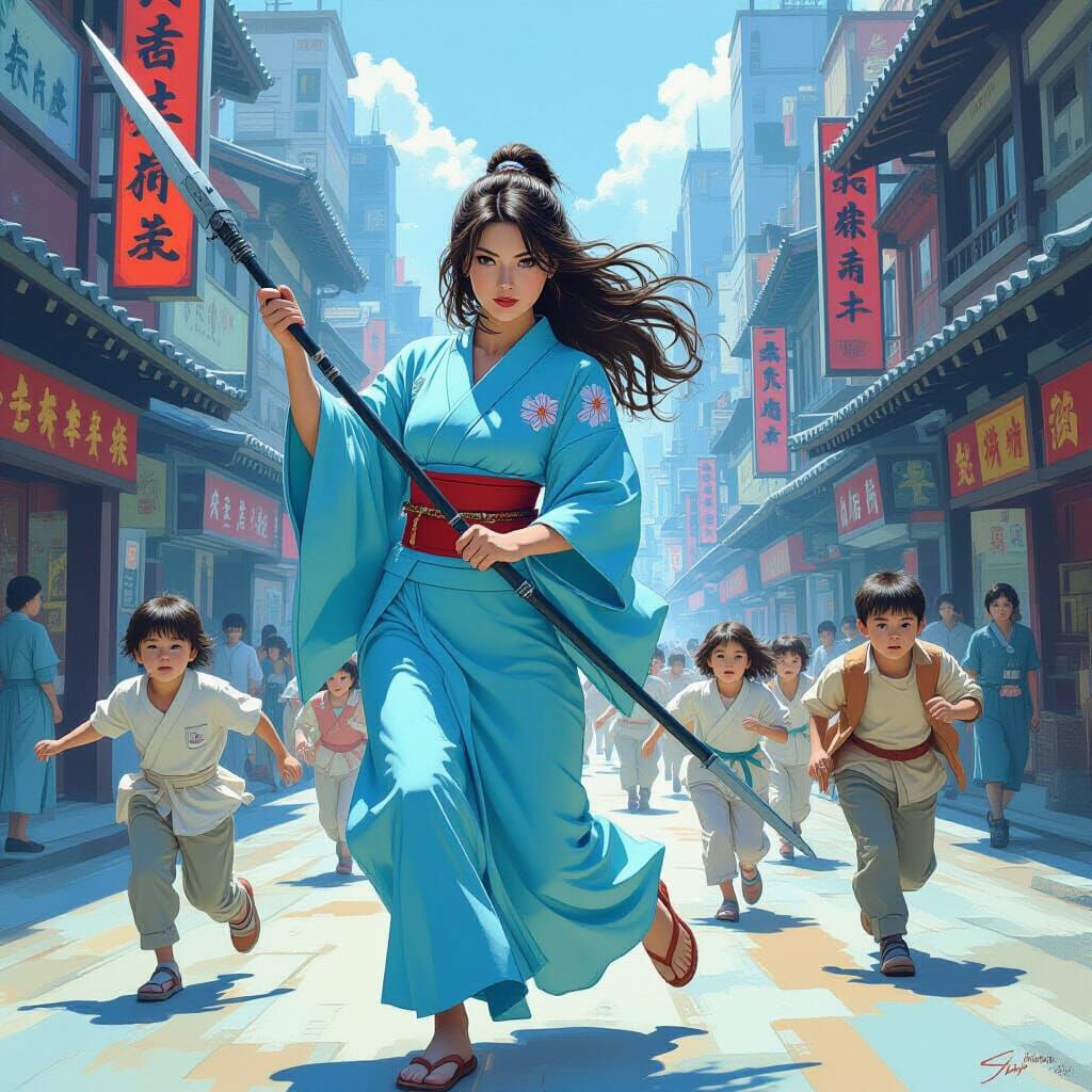 Woman with Spear Protects Children in Cyberpunk Style
