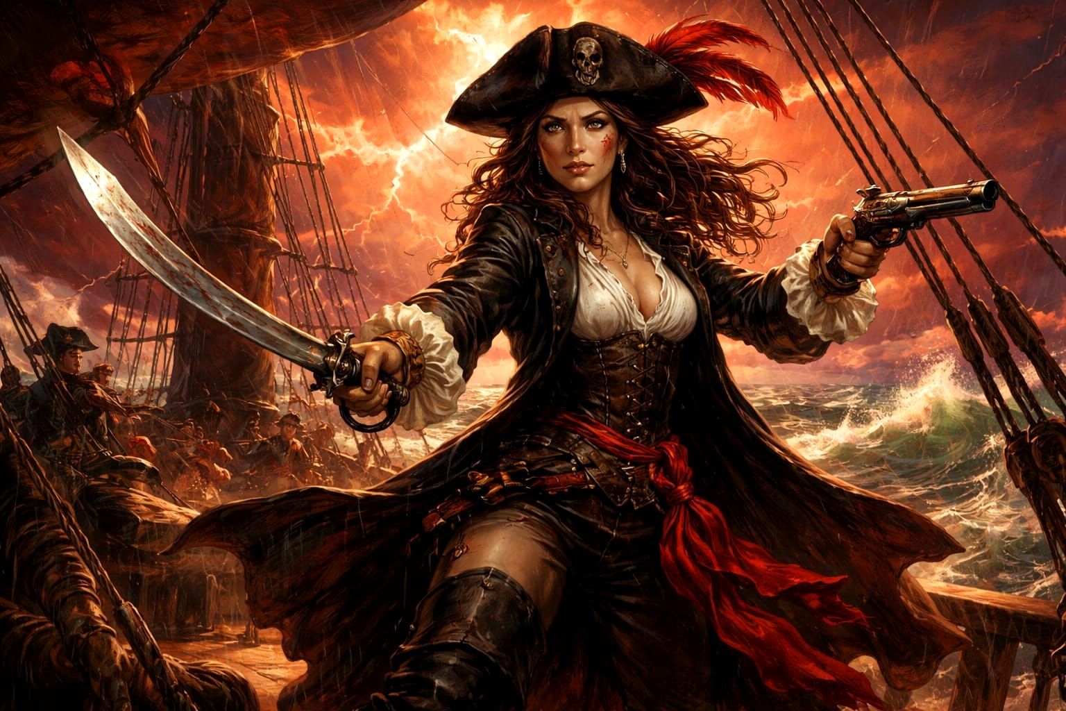 Fierce Pirate Captain in Stormy Seas Digital Painting