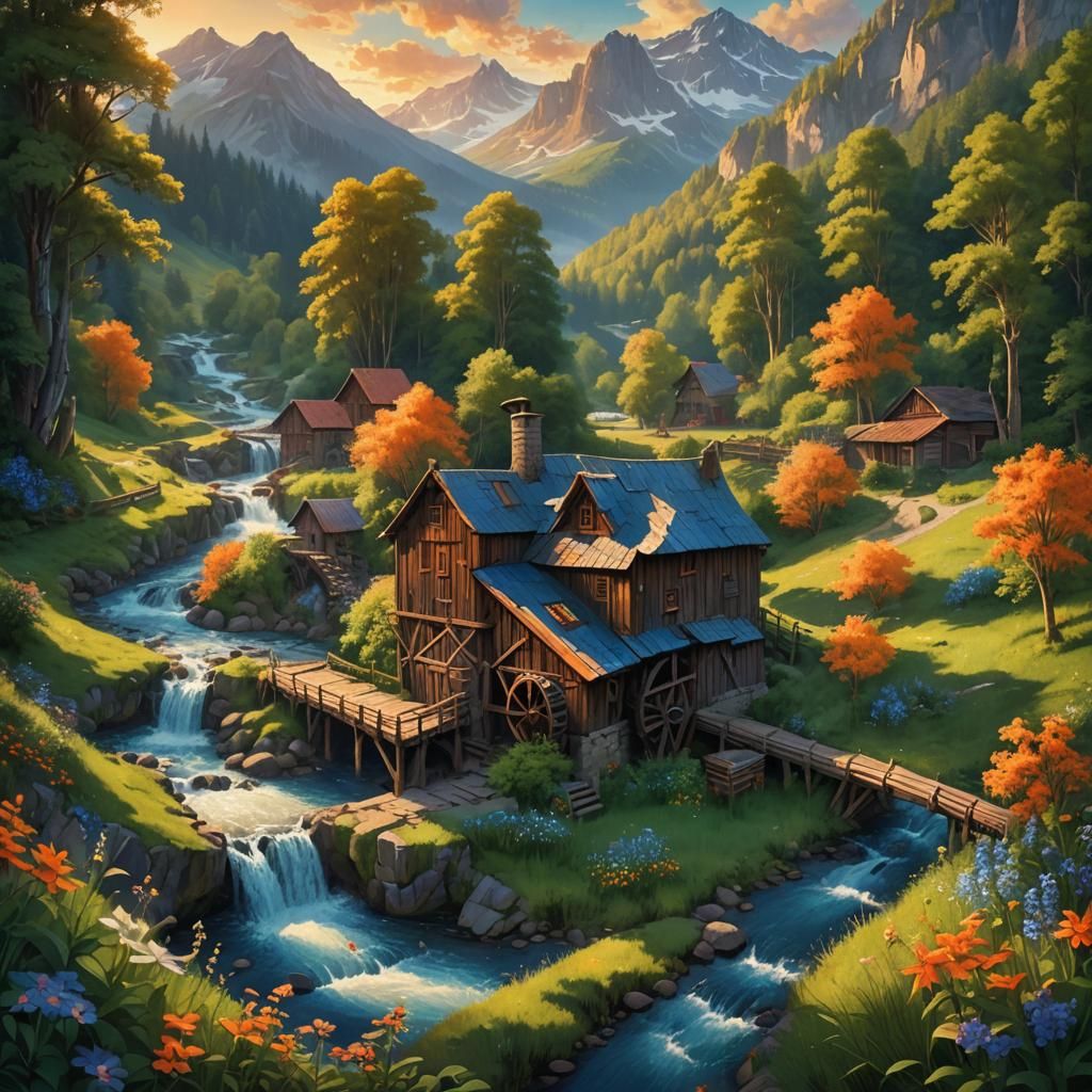 Mountain Mill in Fantasy Matte Painting Style