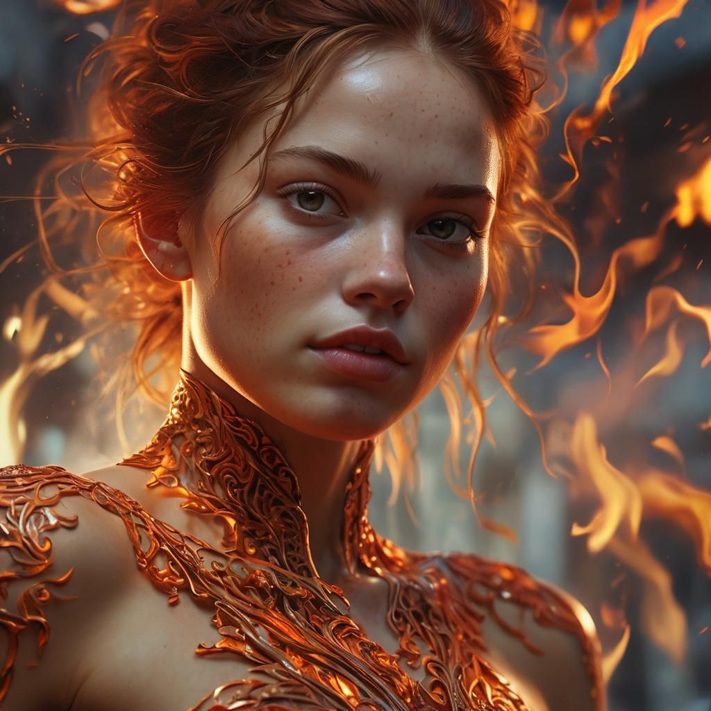 Fiery Woman: Hyper-Realistic Oil Painting of Flame Figure