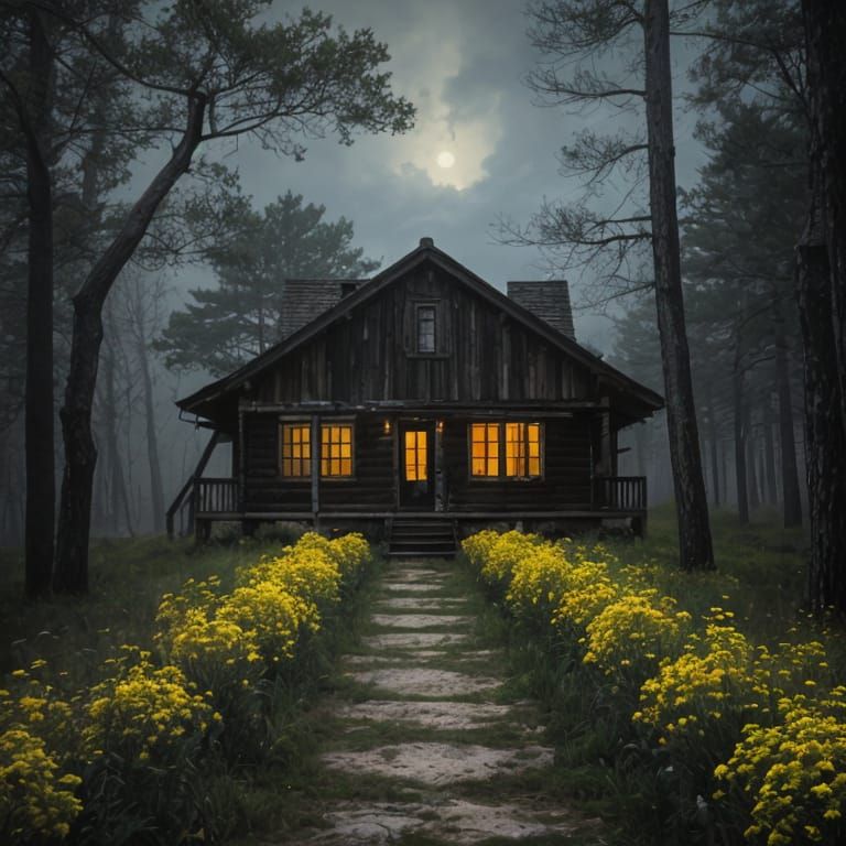 Haunting Cabin in Yellow Moonglow Impressionist Style