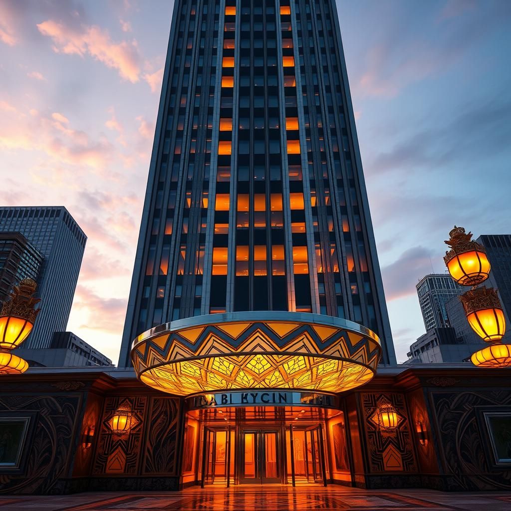 Art Deco Skyscraper at Dusk with Geometric Patterns