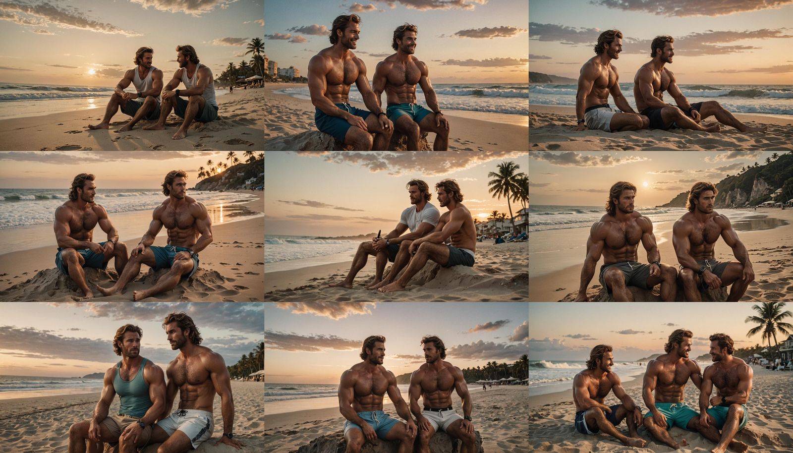Romantic Beach Kiss: Muscular Furry Couple at Dusk