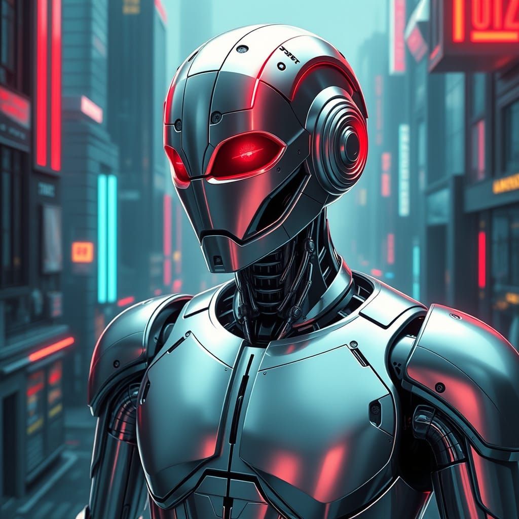 Futuristic Robot in Cyberpunk Cityscape
