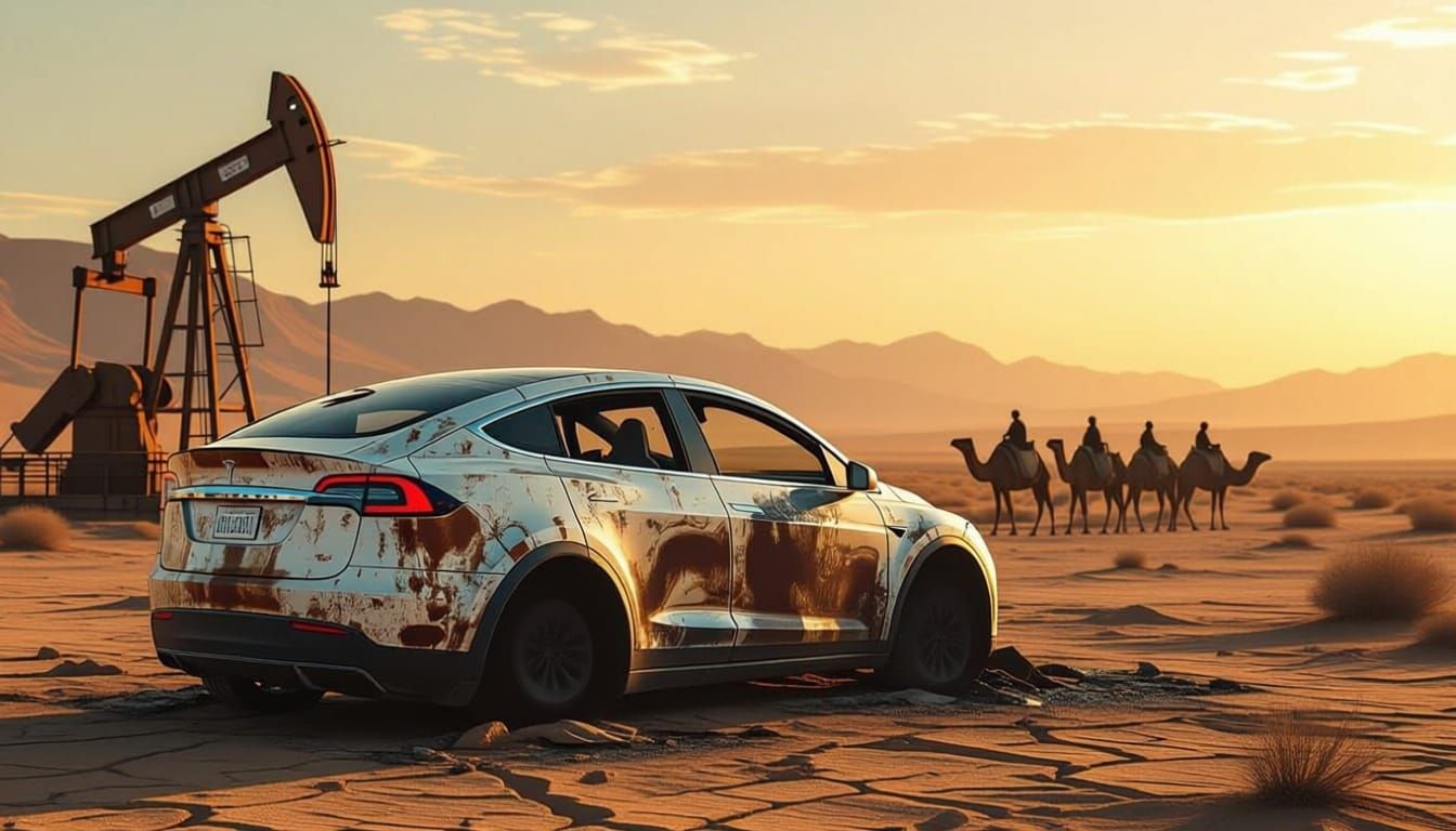 Abandoned Tesla in Dusty Arabian Oil Field