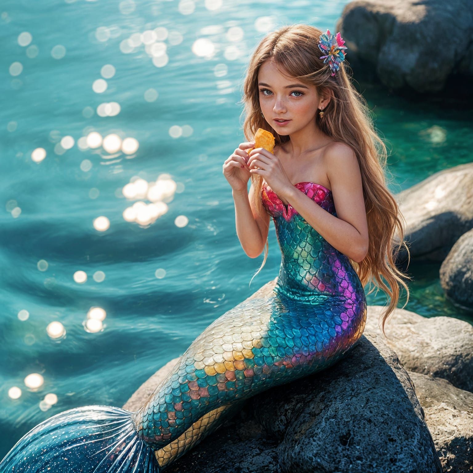 Colorful Mermaid Eating Chips on a Rock