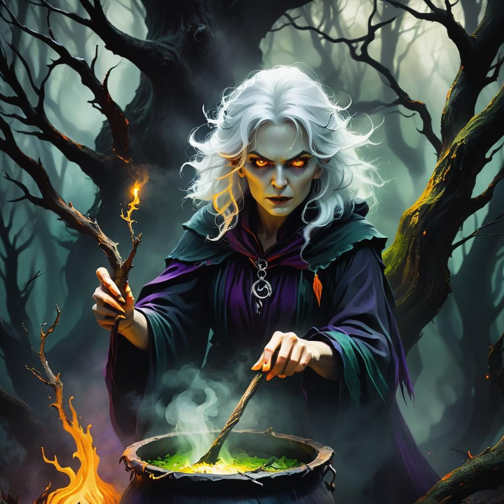 Dark fantasy illustration. Close-up portrait. An evil witch woman casting a spell in a dark misty forest. Bright, yellow...