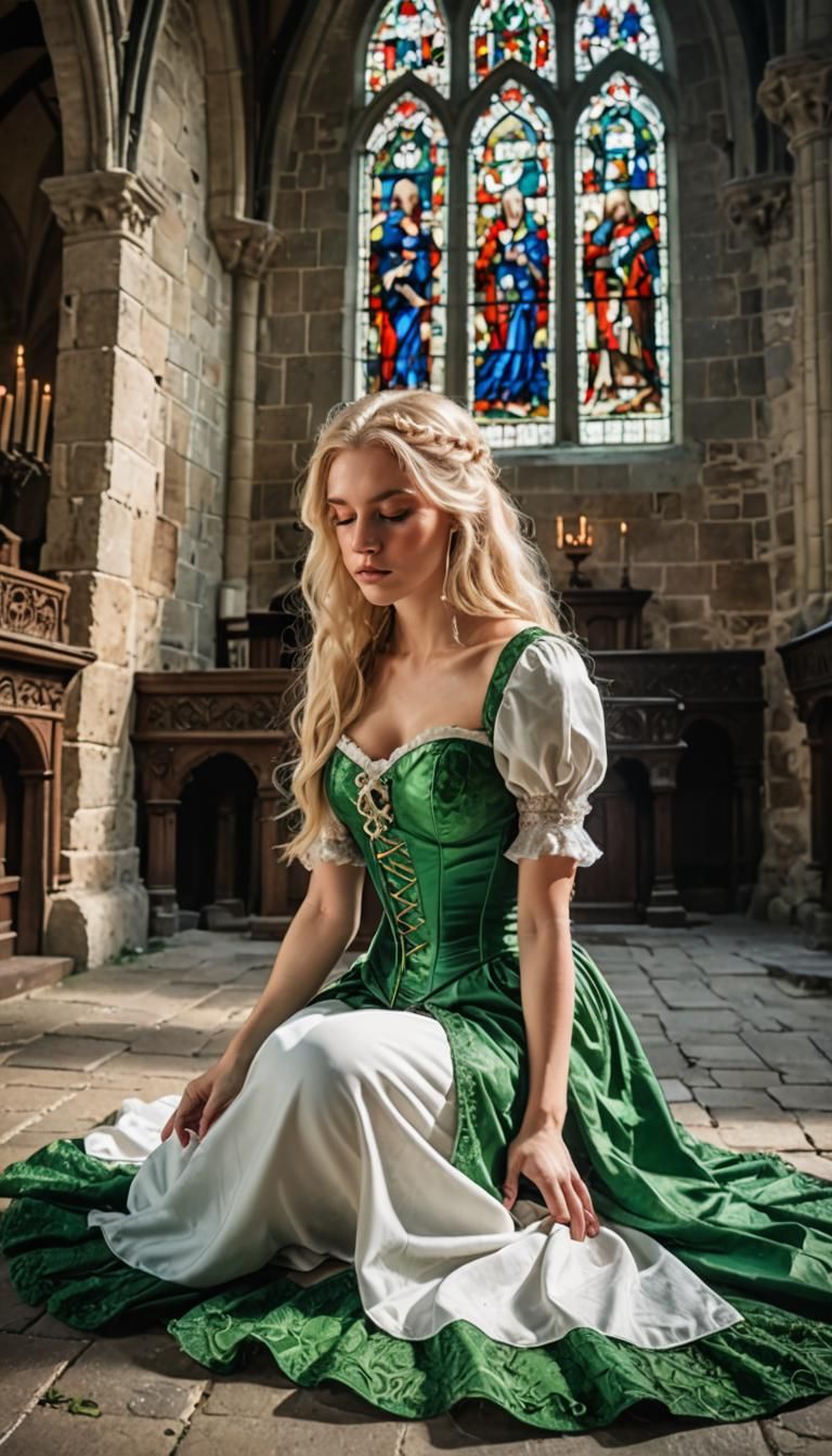 Girl in Corset Dress Before Collapsed Church