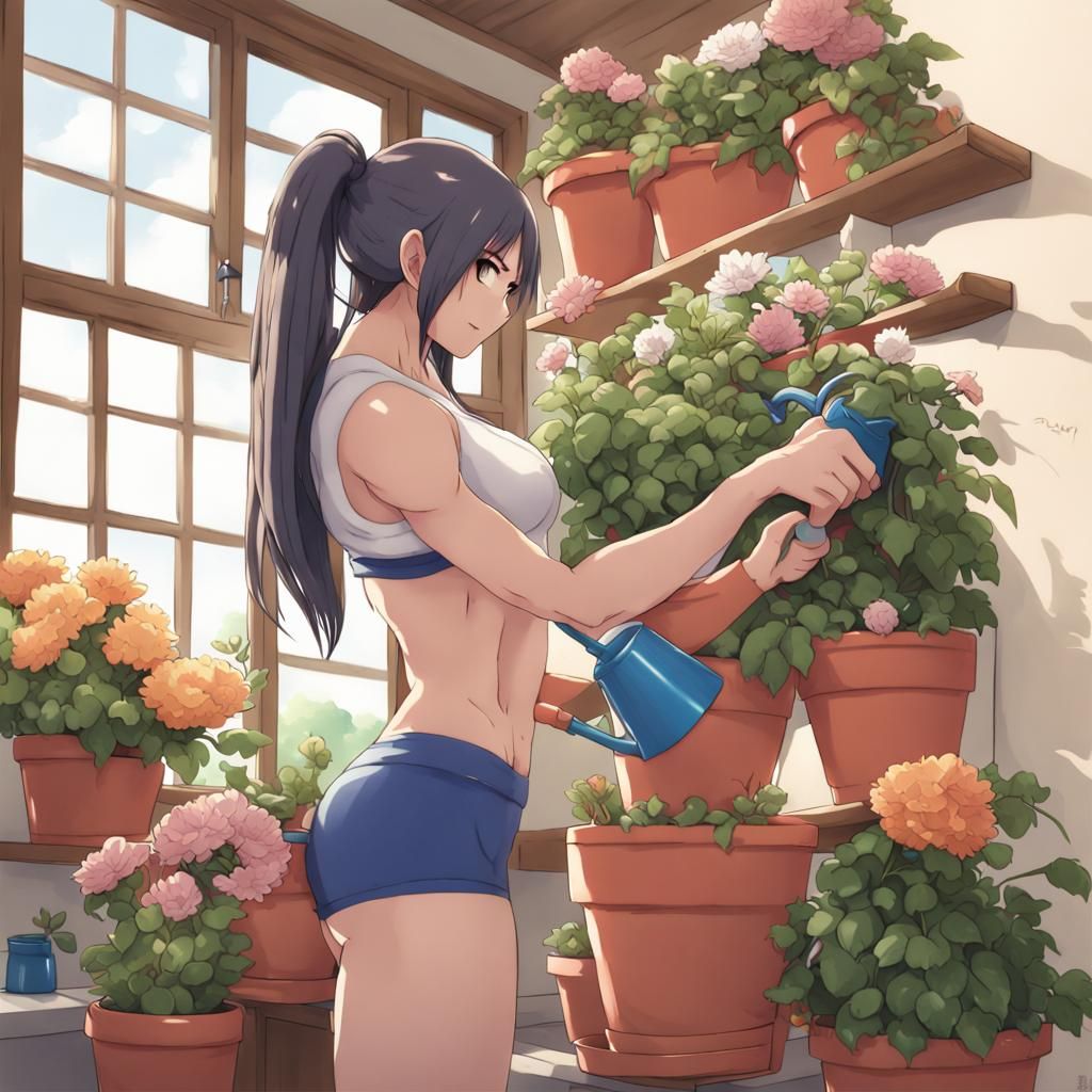 Muscular Girl Watering Plant, Anime Style Illustration
