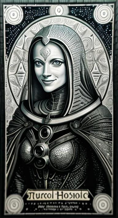 Smiling Lady Tarot Card in Sci-Fi Pointilism