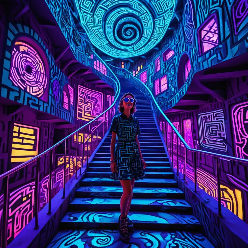 Iridescent Woman in Escher-Inspired Neon Labyrinth