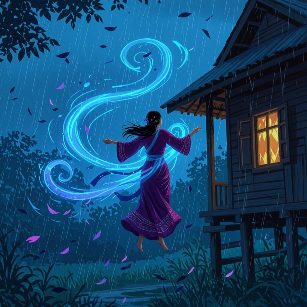 Burmese Spirit Soaring on Rainy Night