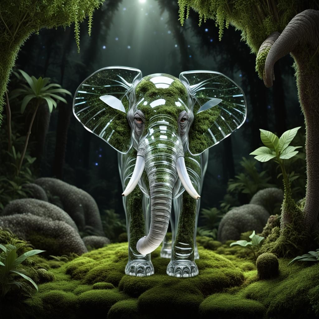 A transparent clear crystal Elephant in a Jungle forest, clear crystal ears, crystal tusks, moonlight, starlight. Univer...