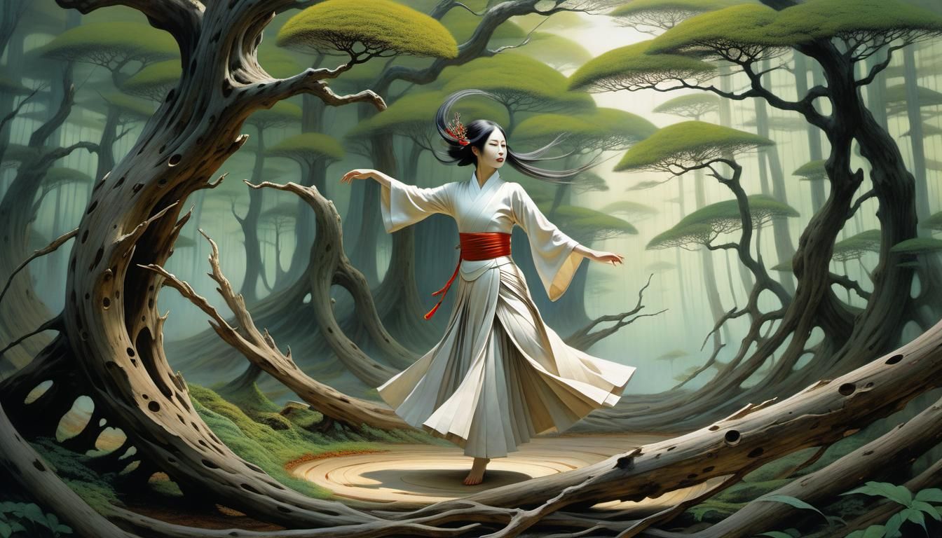Driftwood Woman Dances in Enchanted Forest