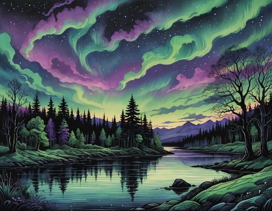 Night Landscape with Aurora Borealis in Gothic Ink Style