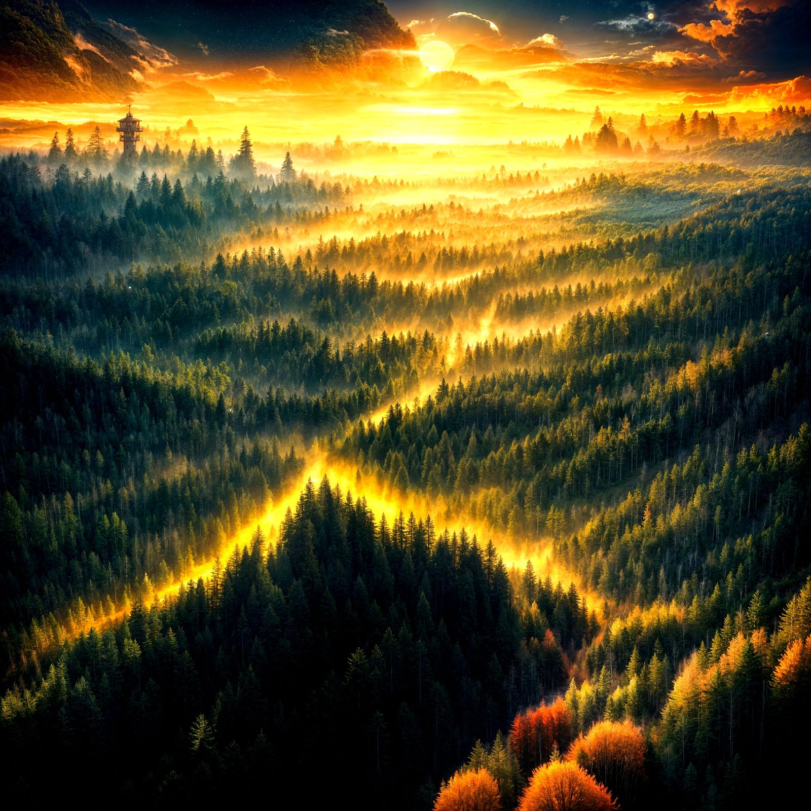Aerial Sunset View of Emerald Forest Canopy