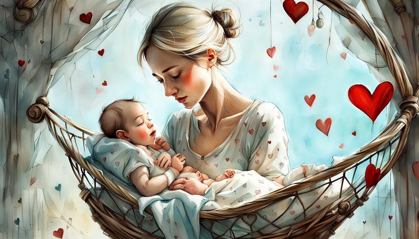Whimsical Mother and Baby in Cradle