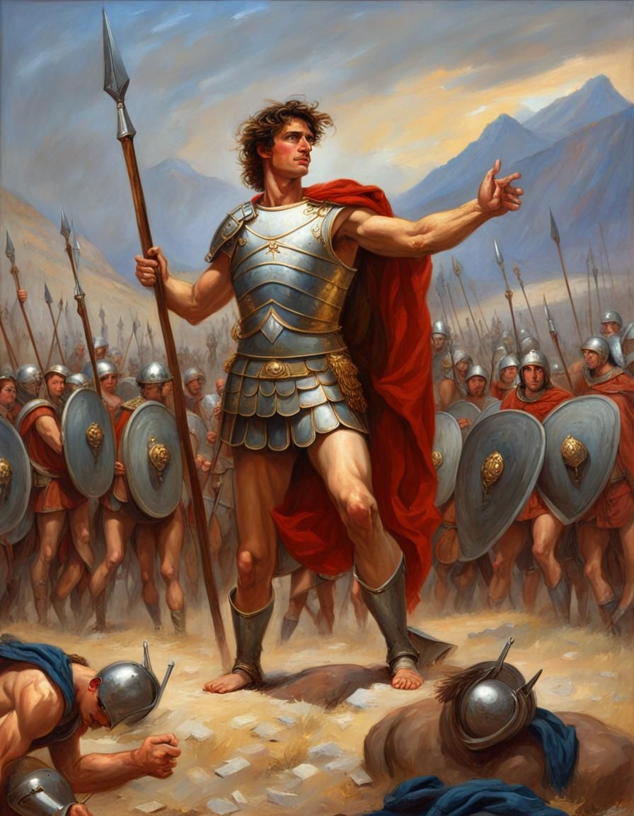 Alexander the Great, clad in shining armor, holding a victorious standard
