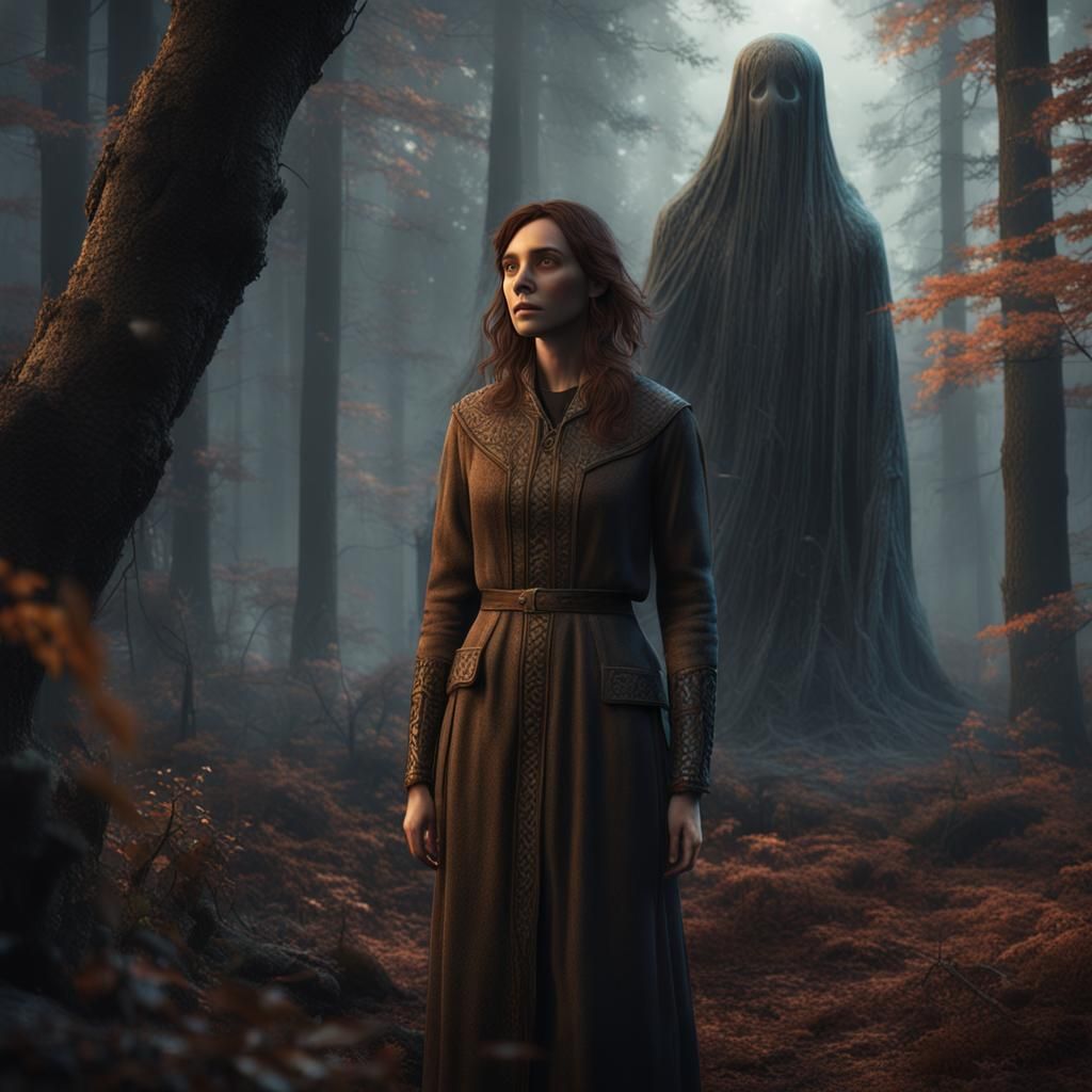Woman and Ghost in Forest: Detailed Matte Painting