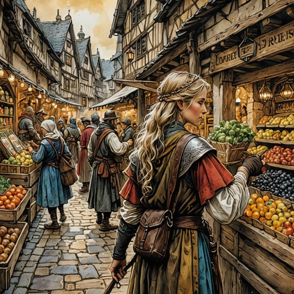 Adventurers Shopping at Medieval Village Market