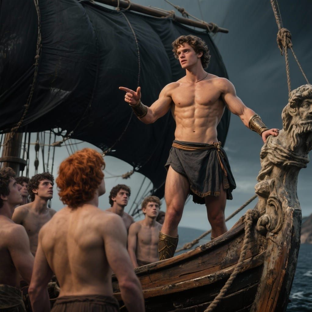 Muscular Theseus, Greek Hero, Stands Proudly on Ship