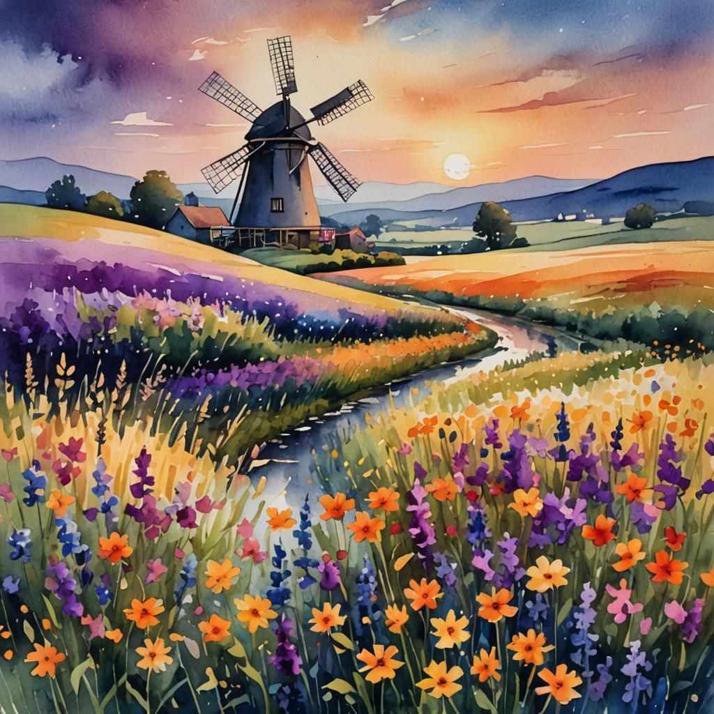 Dreamy Windmill Landscape in Watercolor Style