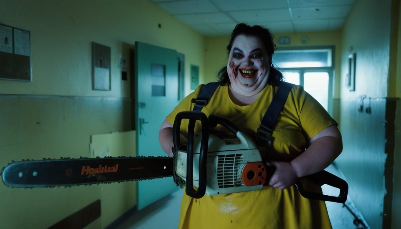 Chainsaw-Wielding Woman in Faded Hospital Room