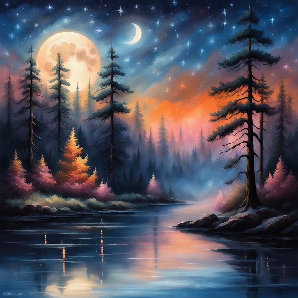 Tranquil Night Waterway in Ethereal Oil Painting Style