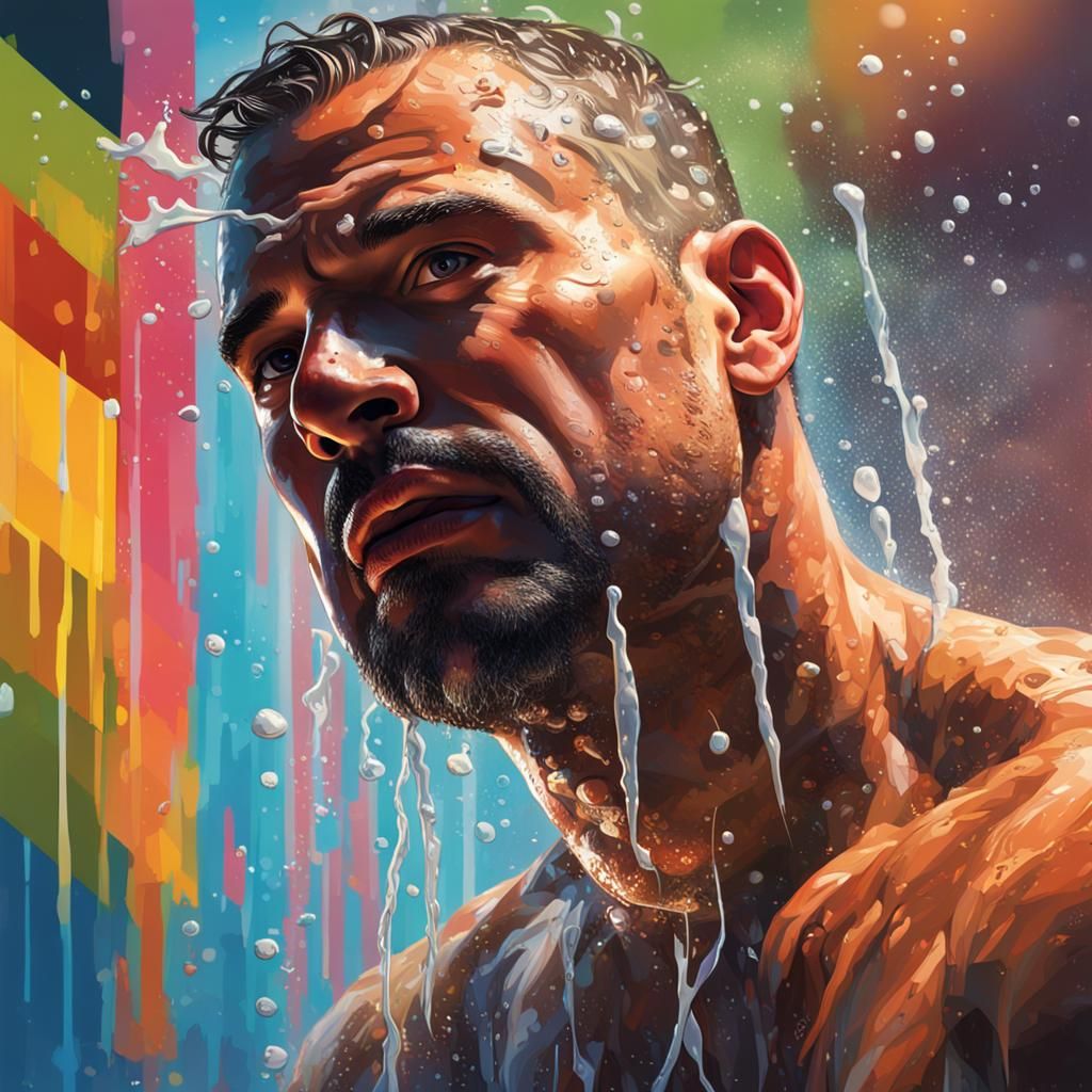 Hyperrealistic Man in Shower Splash Art