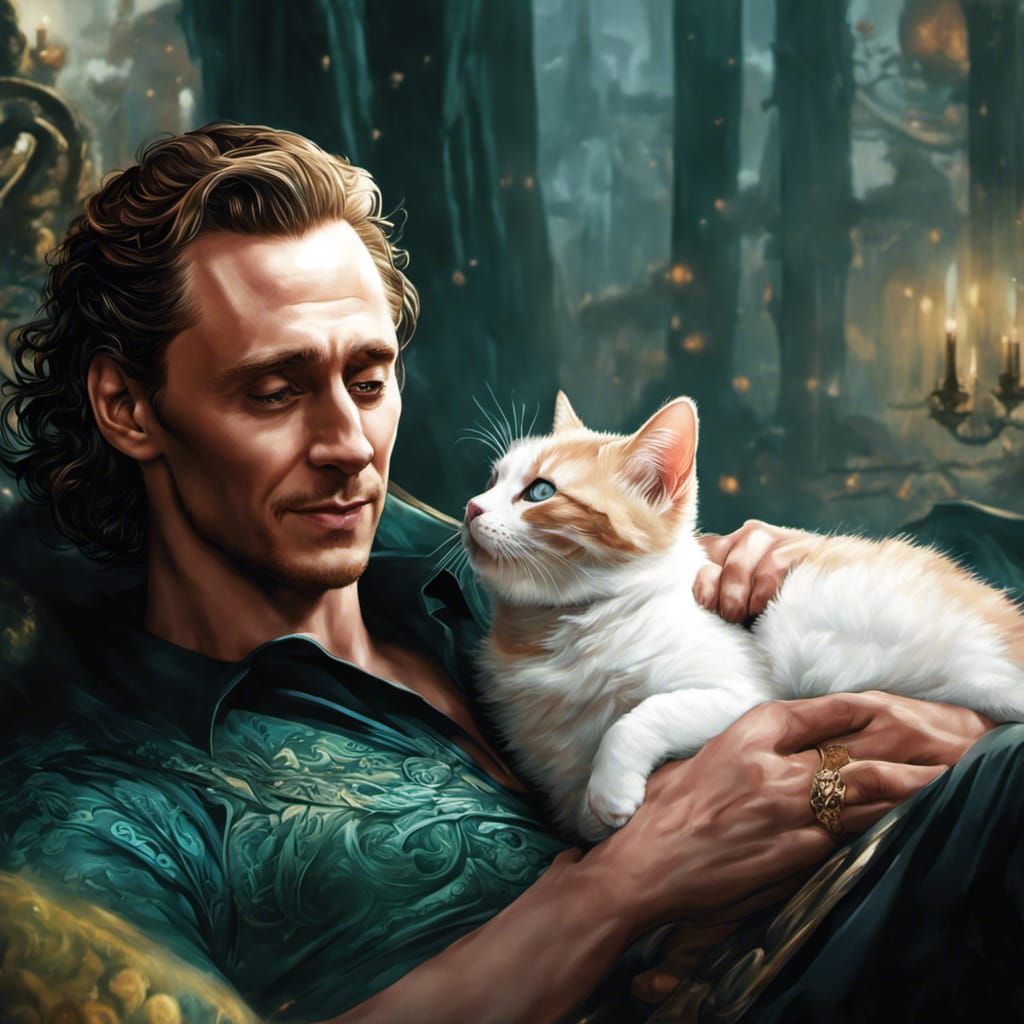 Loki Snuggling Kitten: Comic Book Style Art
