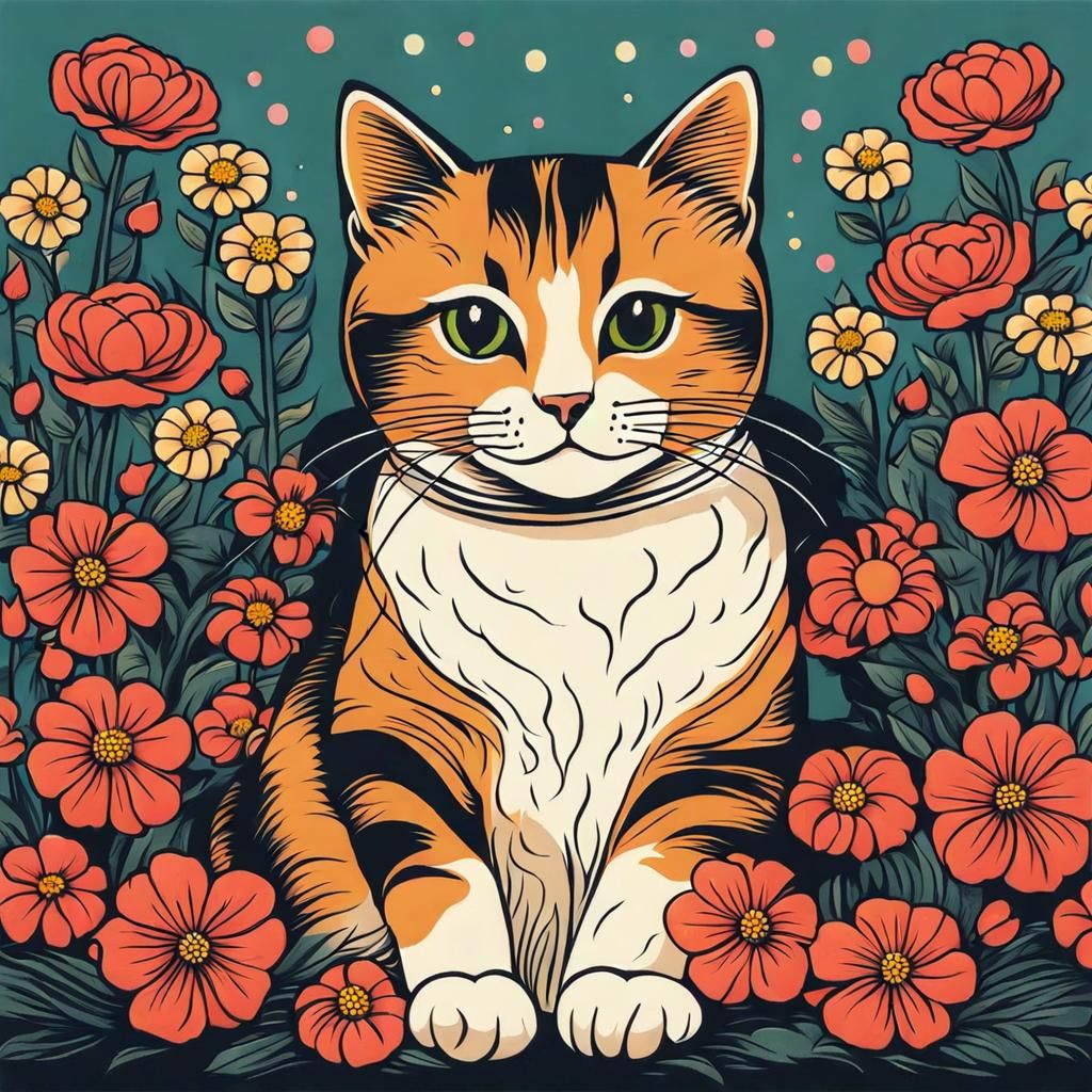 Cartoon Cat Surrounded by Flowers
