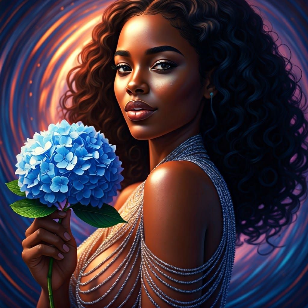 Glowing Young Woman in a Floral Mini Dress, Holding a Blue H...