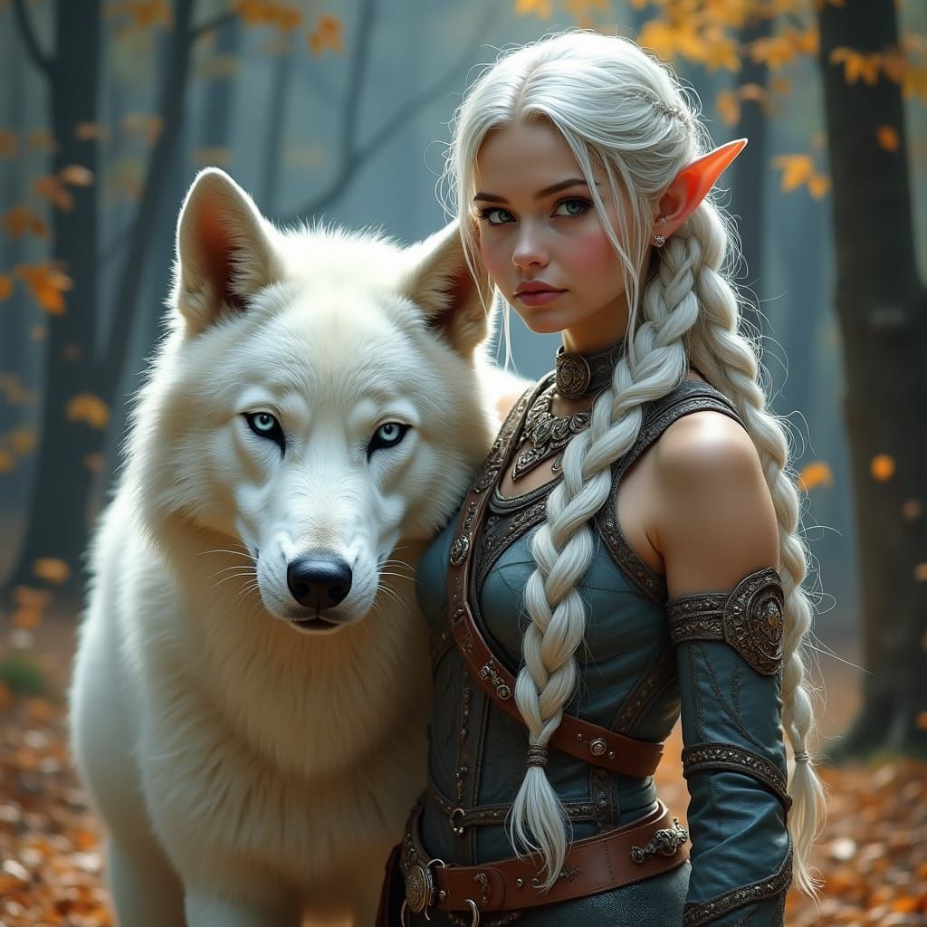 Moon Elf Warrior Queen with White Wolf Companion