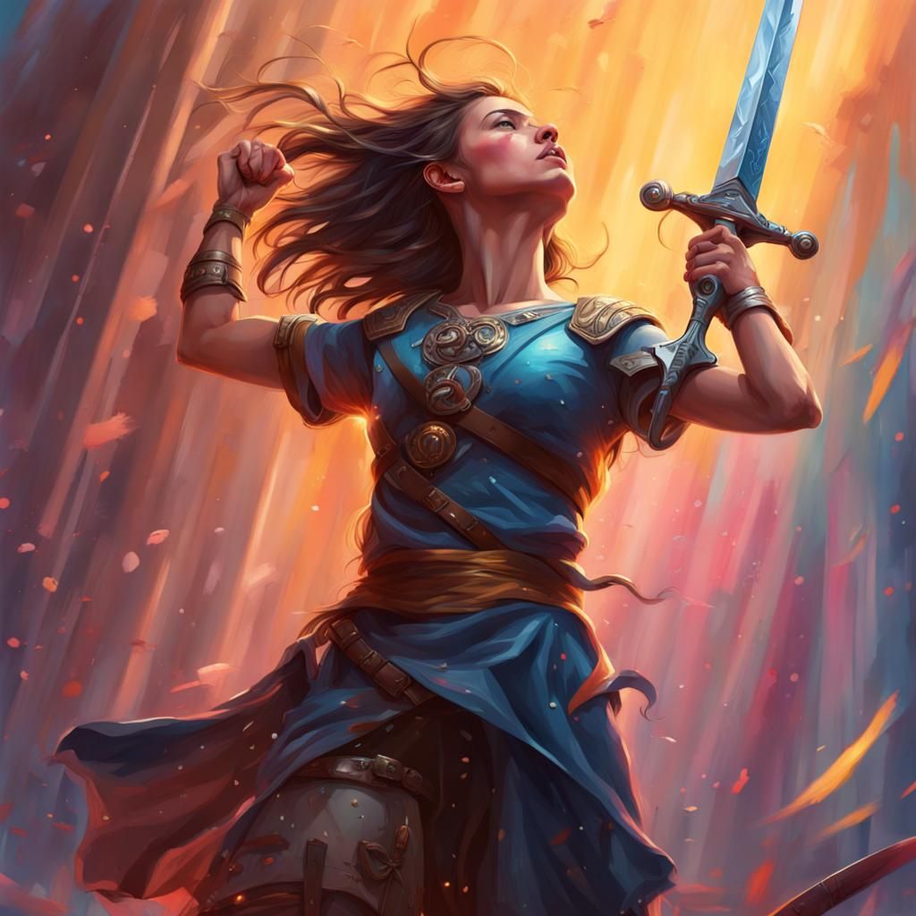 Triumphant Girl with Sword in Hyperrealistic Splash Art