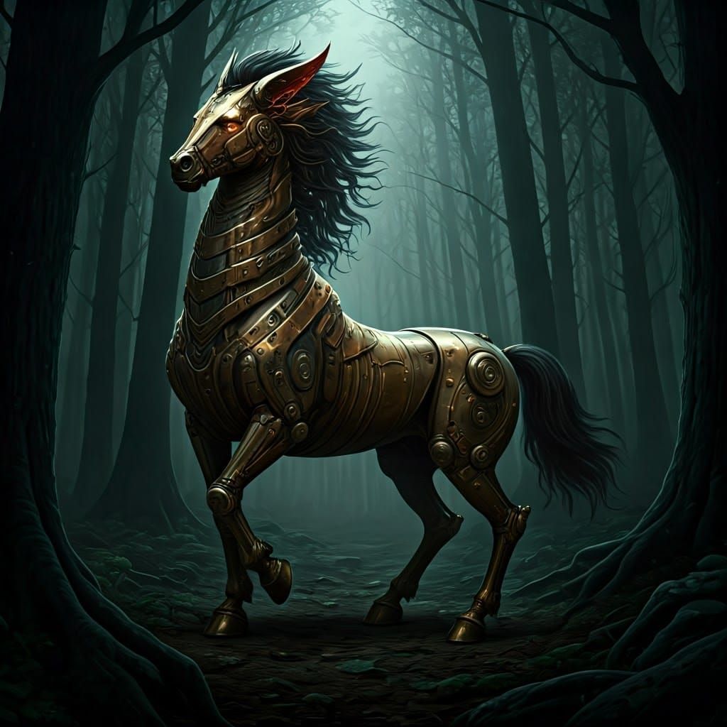 Dieselpunk Centaur in Dark Forest, Concept Art
