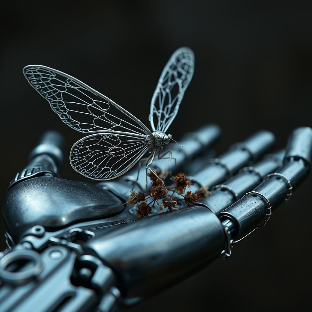 Gothic Robot Butterfly in Silver Wire and Flowers