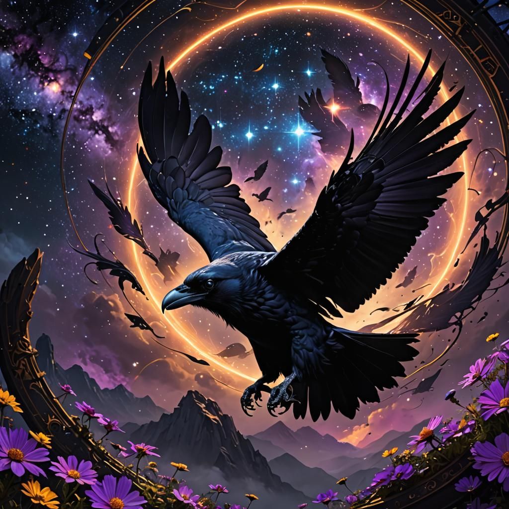 Majestic Raven Soaring Through the Cosmos