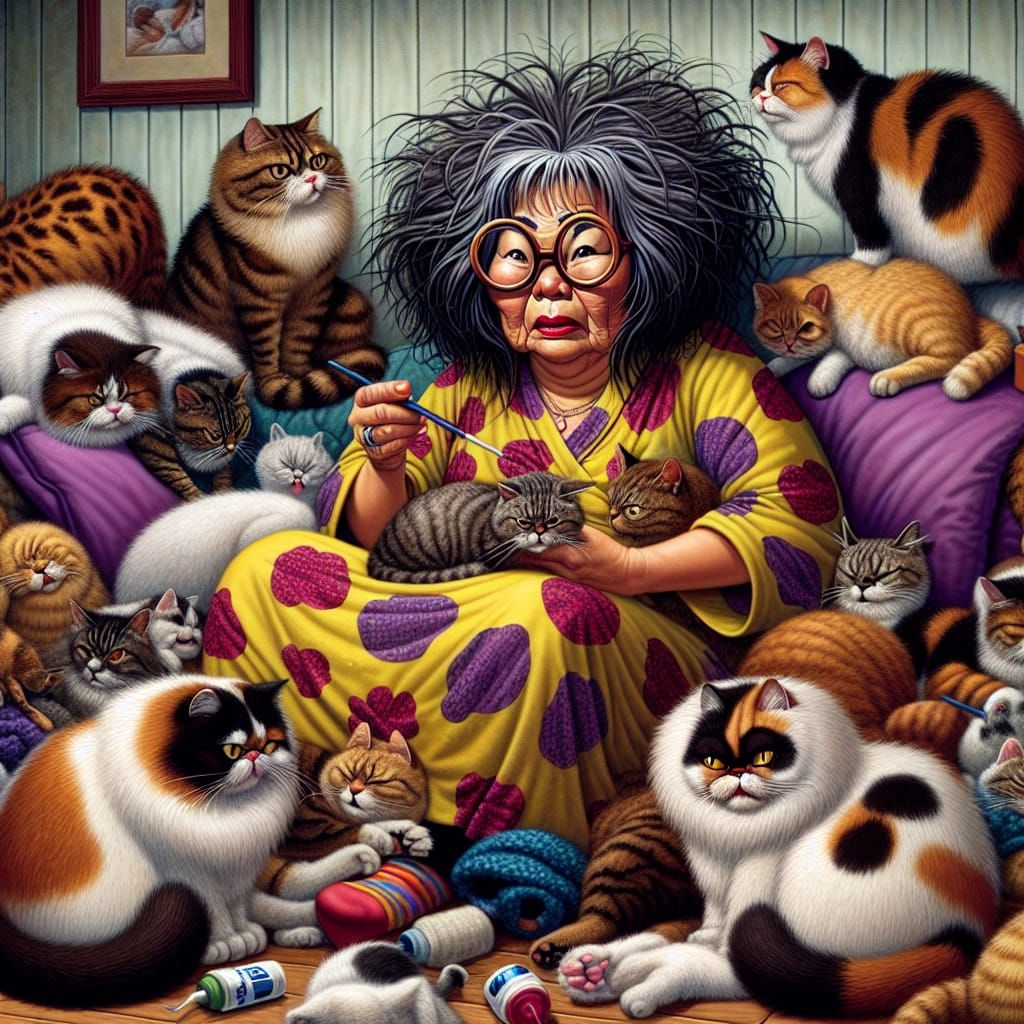 Cartoon Style Image of a Zany Cat Lady