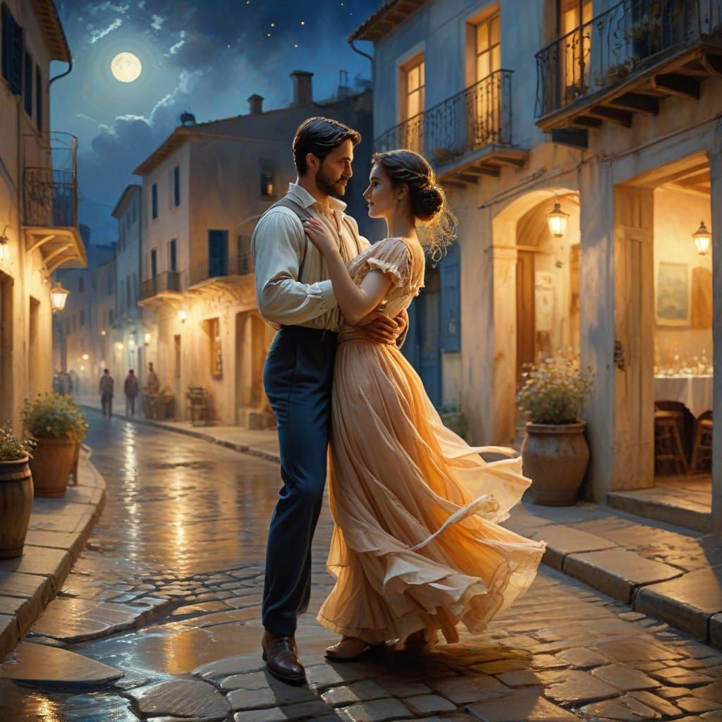 Greek Street Scene Under Moonlight in Soft Watercolor Style