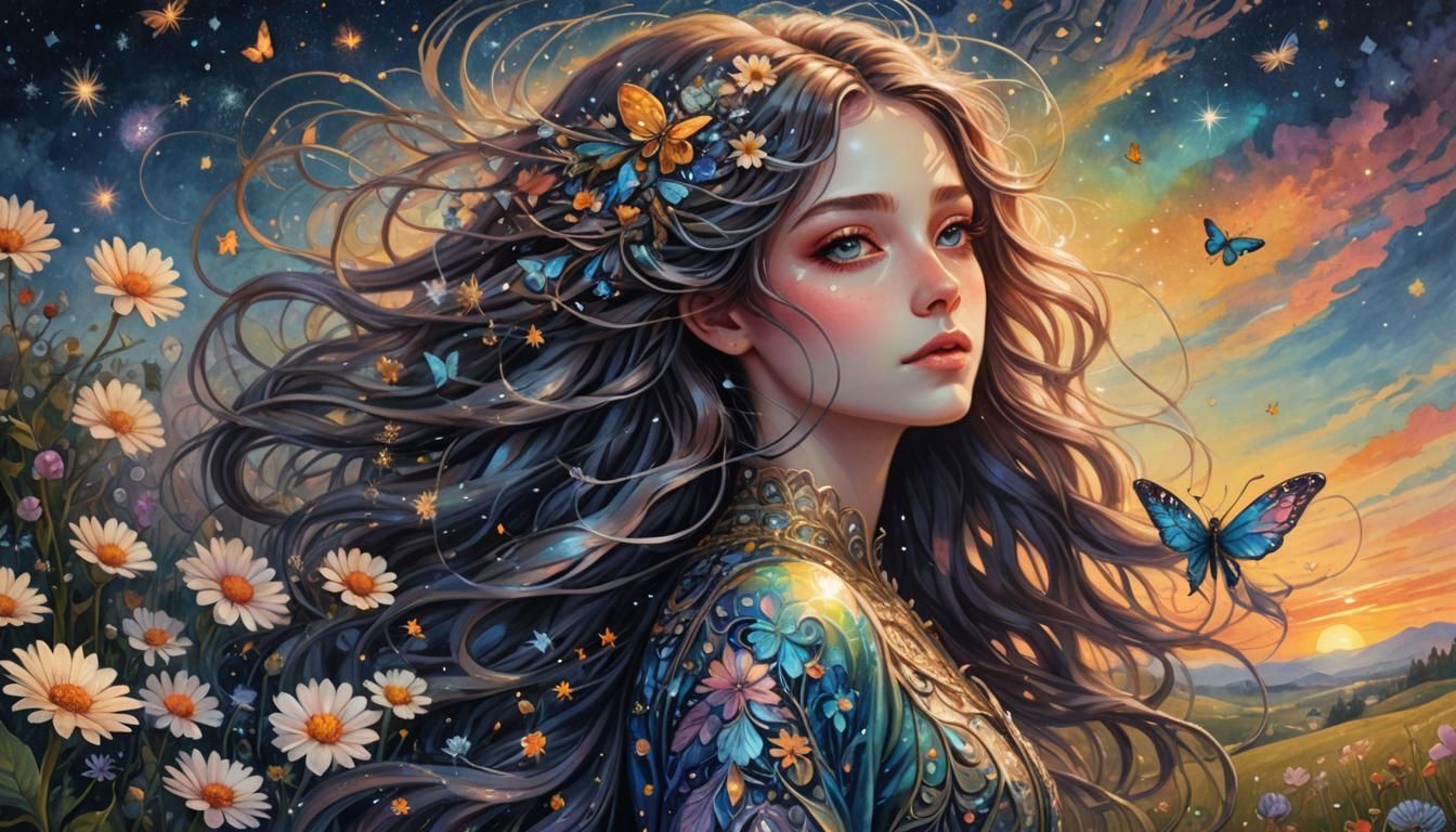 Iridescent Bug Girl Portrait on Flower Hill