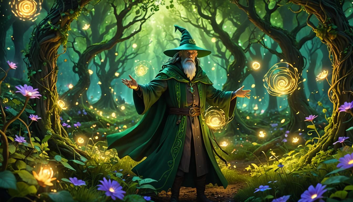 Mysterious Mage Casting Spell in Enchanted Forest