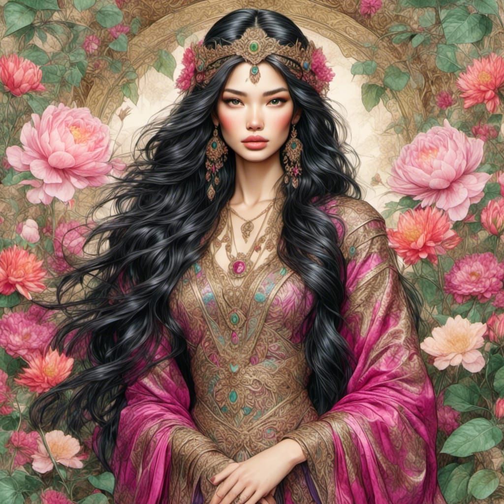 Beautiful Asian Woman with Long Hair, Mixed Media
