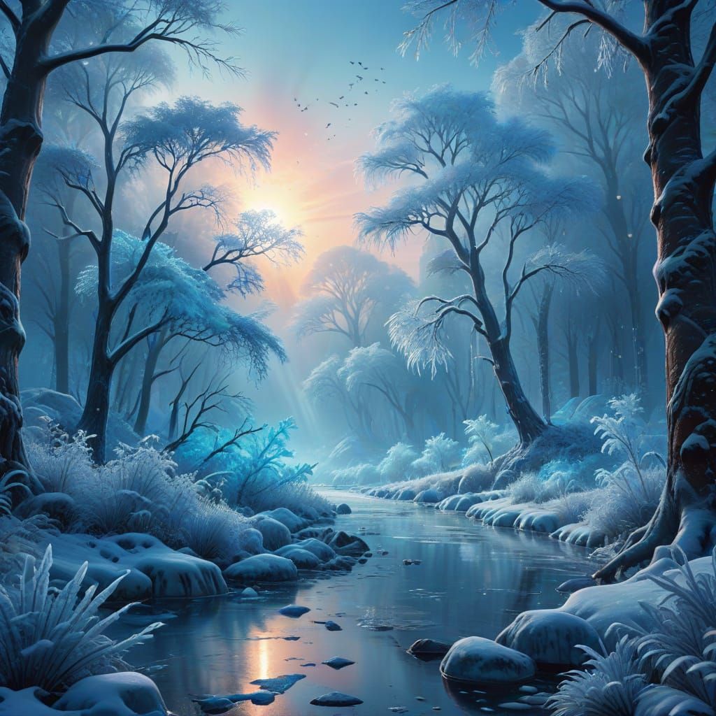 Ice Jungle: Vibrant Oil Painting with Blue Mist